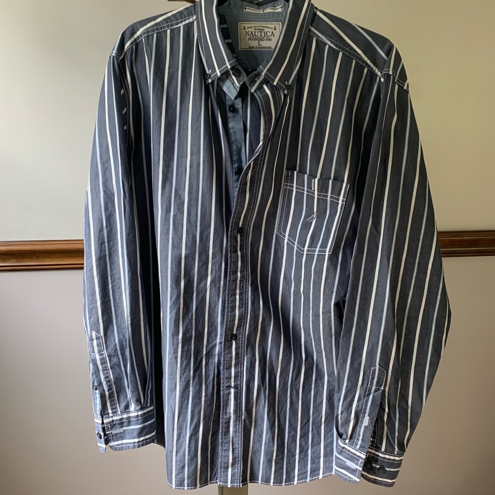 Nautica Men’s Large Stripe Dress Shirt Dark Grey
